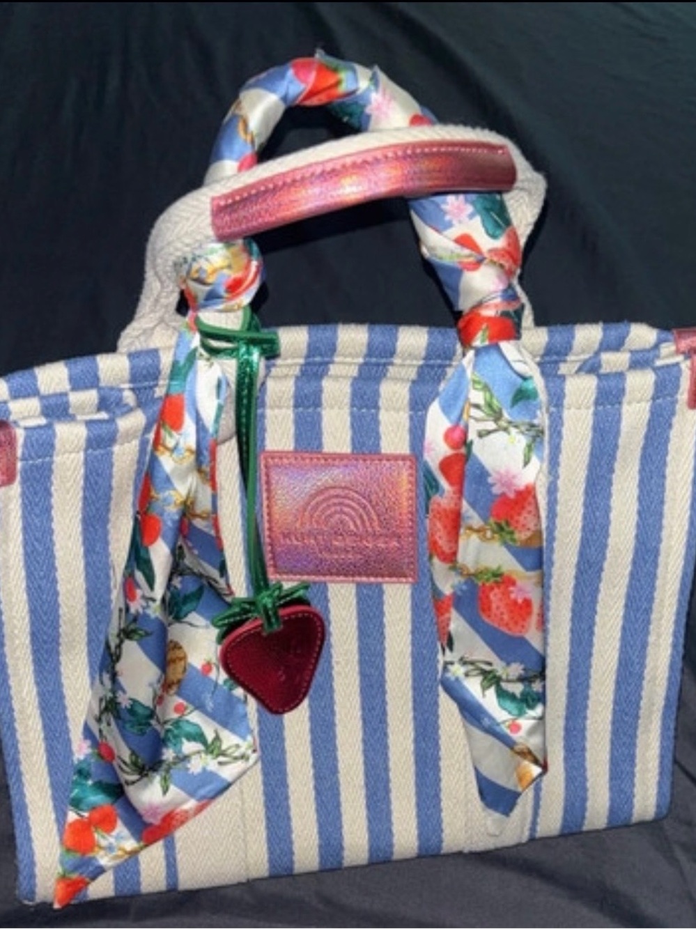 Striped Blue & White Straw Tote with Floral Scarf Handles